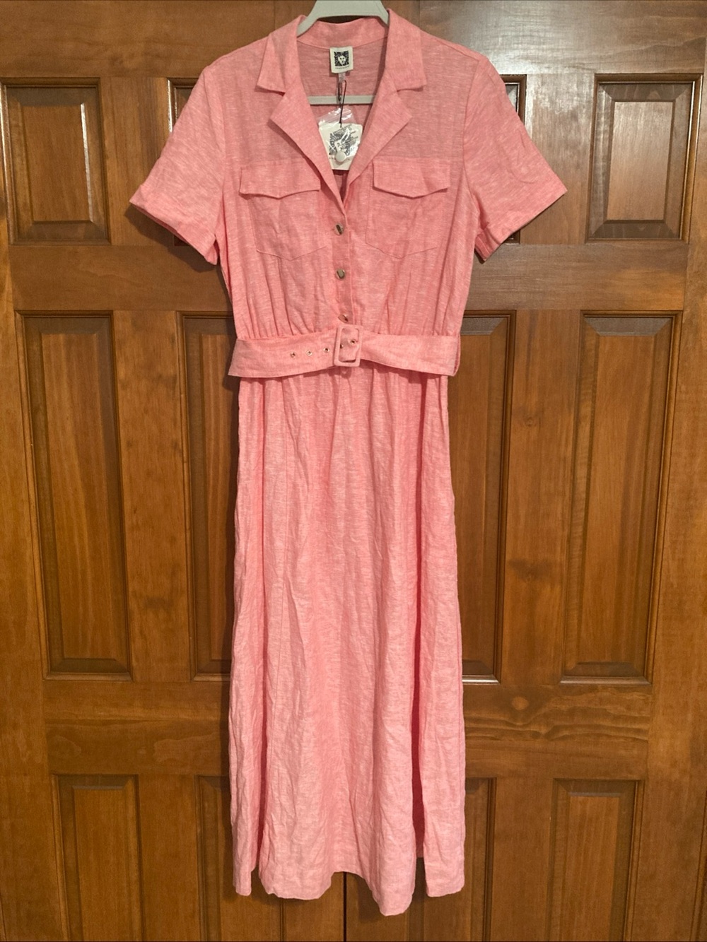 NWT Anne Klein Coral Pink Belted Maxi Shirt Dress women’s size 4 linen blend